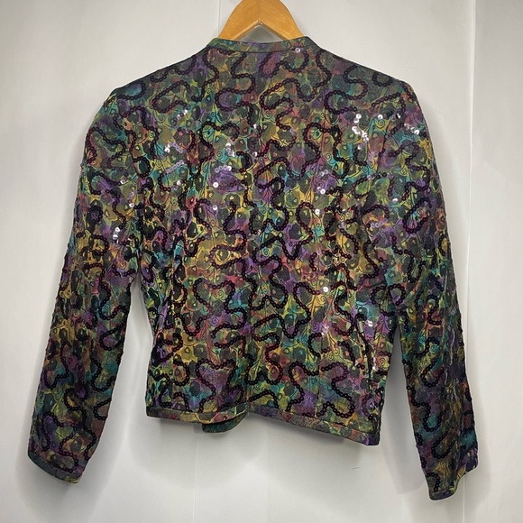 Lian Carlo Neiman Marcus Multicolor Sequin Fabric Detail Short Button Up Jacket - Picture 3 of 11